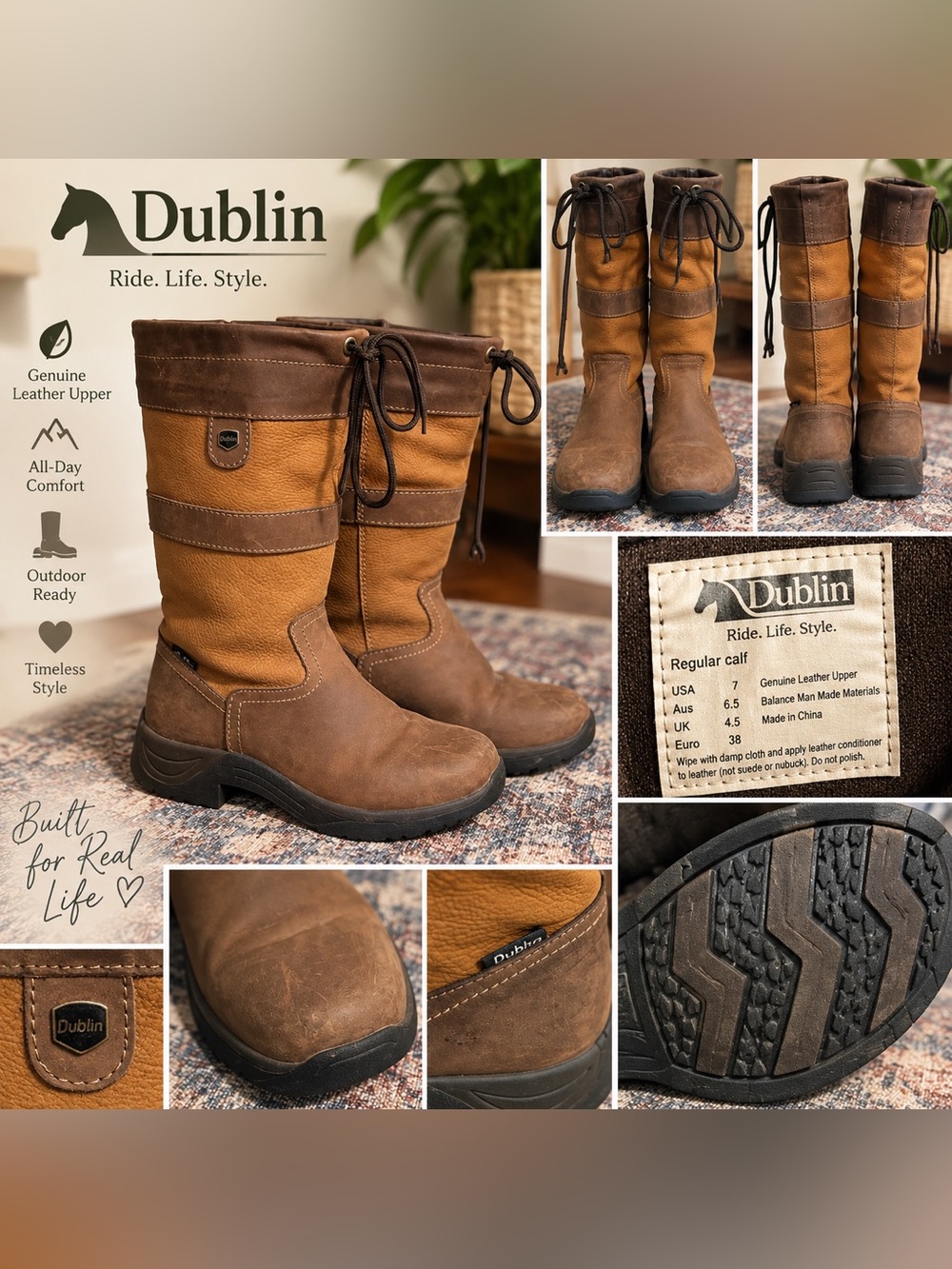 Dublin Equestrian Riding Boots Brown Tan Genuine Leather Women’s Size 7